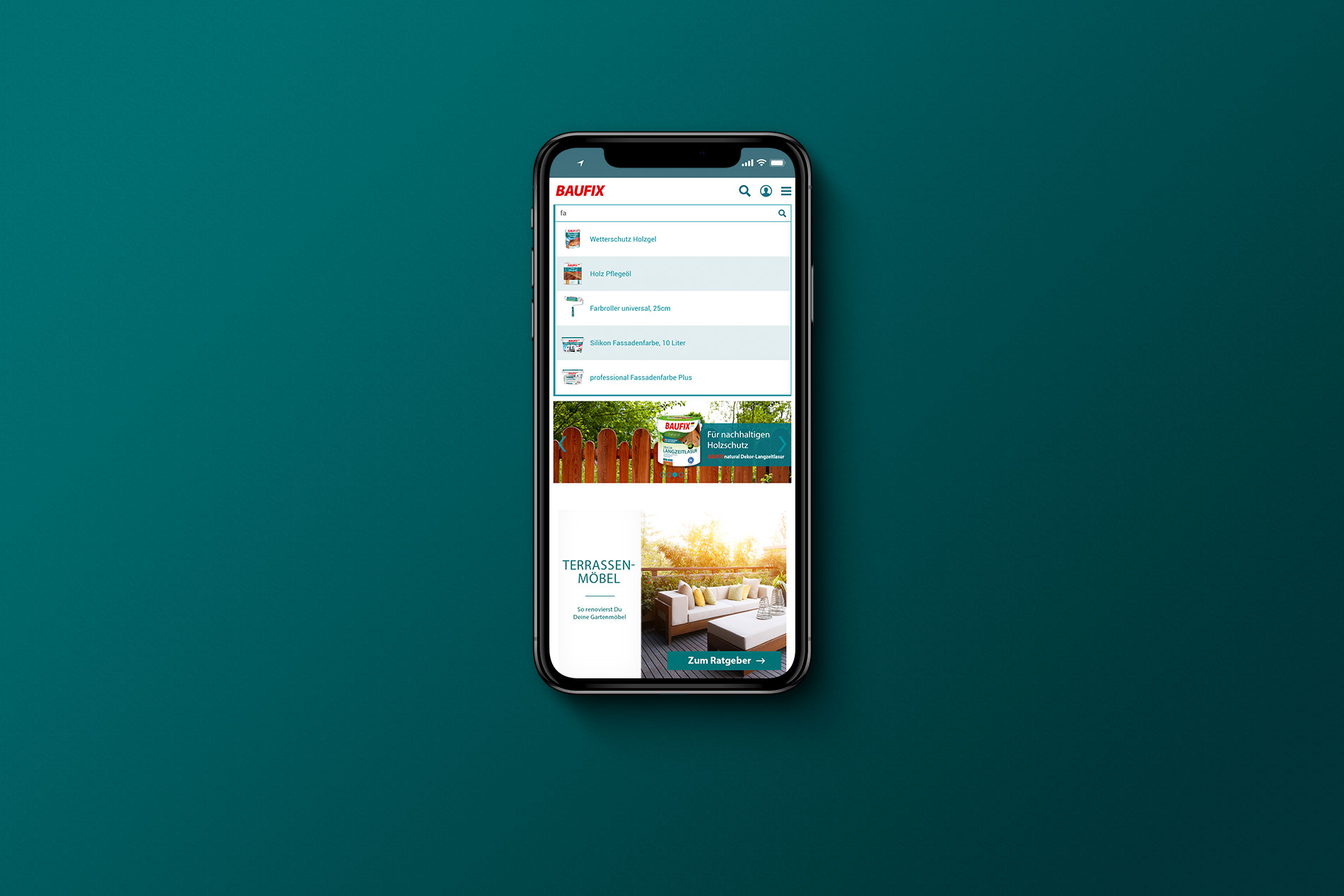 Eine mobile Ansicht auf einem iPhone der Baufix Webseite.
